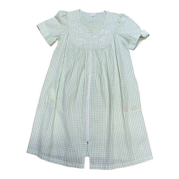 Miss Elaine Green & White Gingham Embroidered Zip Nightgown M House Coat Robe - Picture 1 of 5